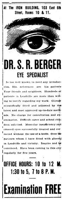 Advertisement with image for Dr. S.R. Berger Eye Specialist in The Herald Democrat in December of 1905.