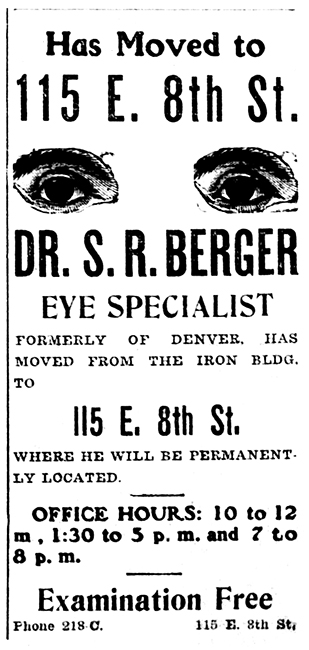 Advertisement with image for Dr. S.R. Berger Eye Specialist in The Herald Democrat in March of 1906.