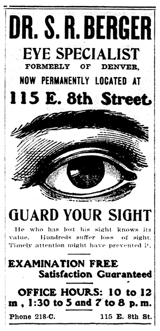 Advertisement with image for Dr. S.R. Berger Eye Specialist in The Herald Democrat in March of 1906.