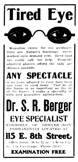 Advertisement with image for Dr. S.R. Berger Eye Specialist in The Herald Democrat in April of 1906.