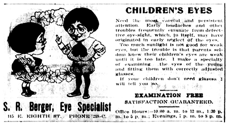 Advertisement with image for Dr. S.R. Berger Eye Specialist in The Herald Democrat in September of 1906.