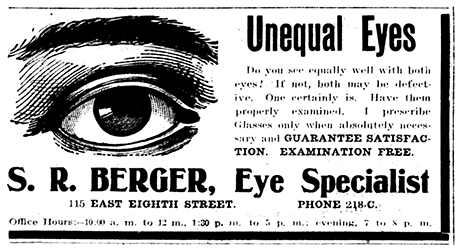 Advertisement with image for Dr. S.R. Berger Eye Specialist in The Herald Democrat in September of 1906.