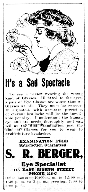 Advertisement with image for Dr. S.R. Berger Eye Specialist in The Herald Democrat in October of 1906.