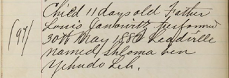 The entry from Dr. Robert Eisner’s circumcision records for Sidney’s bris lists the boy’s Hebrew name and reads: “Child, 11 days old father Louis Janowitz performed 30th May 1882 Leadville named Shloma ben Yehuda Leb.”