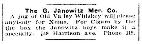 Small text advertisement from The G. Janowitz Mercantile Company for Old Valley Whiskey in The Herald Democrat on December 20, 1911.