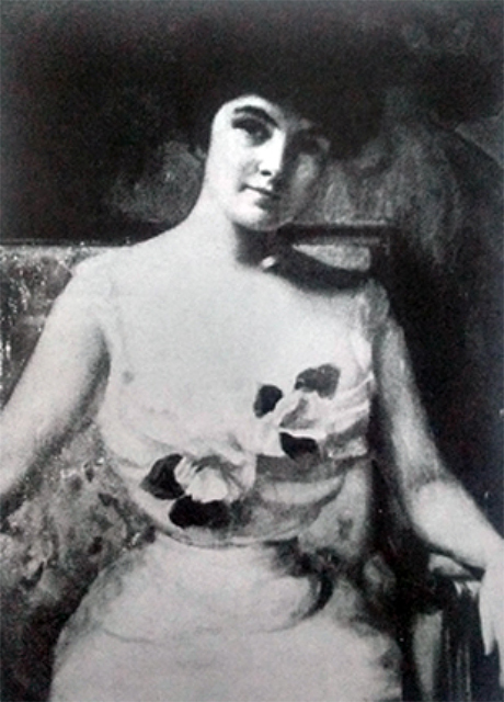 Black and white photo of a color oil portrait of Ida Stingley painted by Pierre Troubetzkoy.