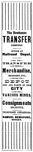 Long advertisement in The Leadville Herald for The Newhouse Transfer Company with Samuel Newhouse as manager.