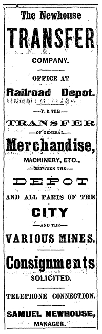 Advertisement in The Leadville Herald for The Newhouse Transfer Company with Samuel Newhouse as manager.