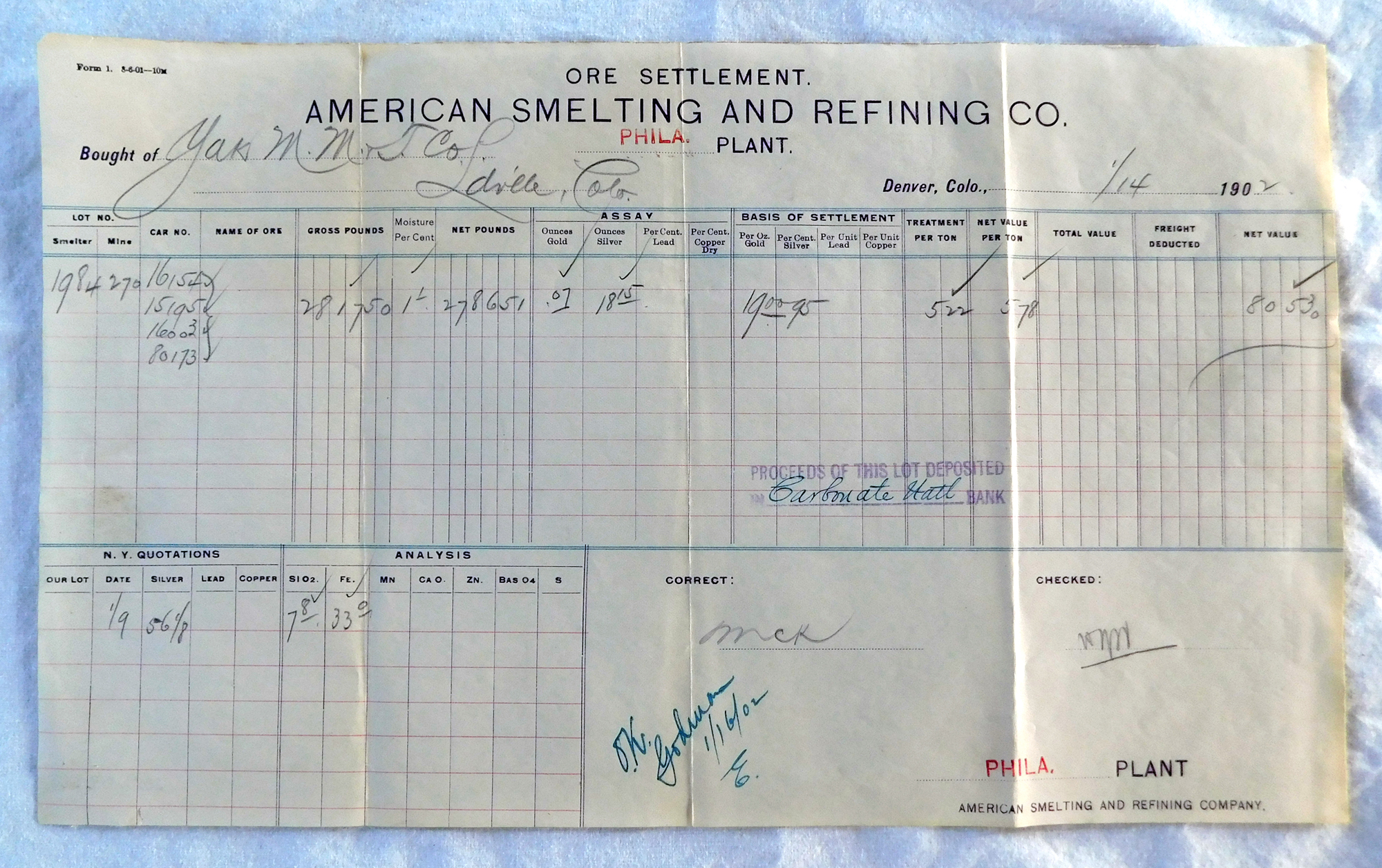 Ore Settlement Form