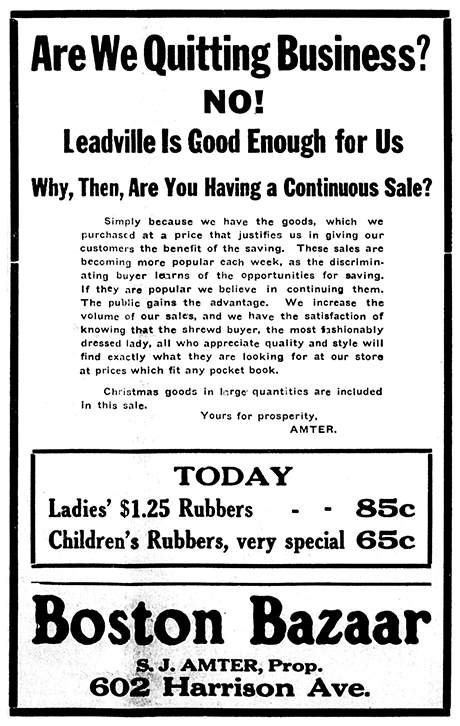 Advertisement for Boston Bazaar in The Herald Democrat, December 12, 1919. The term “rubbers” refers to galoshes, also called rain boots.