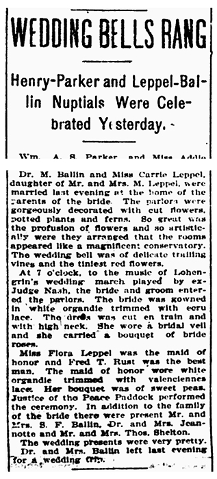 Article in The Herald Democrat describing two weddings, including the Ballin-Leppel wedding.