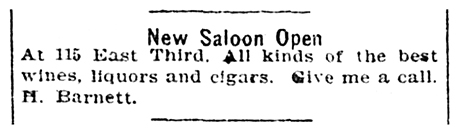 Advertisement in The Herald Democrat for a new saloon owned by H. Barnett.