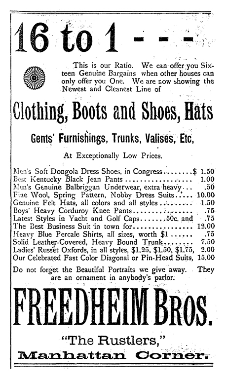 An early ad for Freedheim Brothers Clothing.