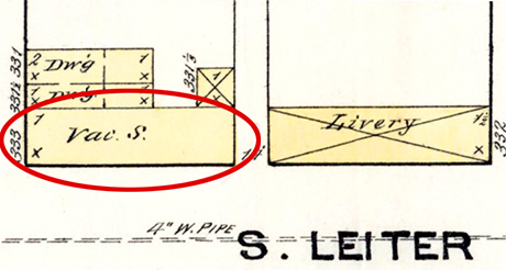 The Frey grocery/saloon was located at the corner of Leiter and West Chestnut Street in 1880.