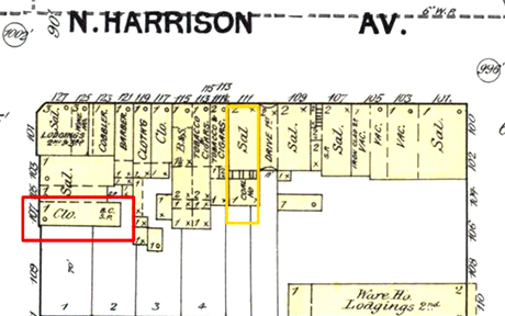The yellow outline shows the previous Harwitz store location from 1887 to 1889, while the red outline shows the relocation in 1890.