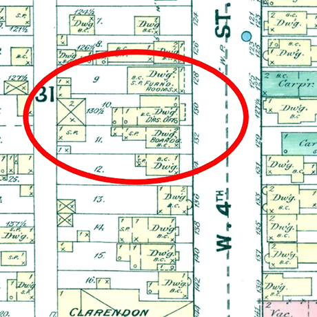 Sanborn map of 130 W 4th Street, circled, of the home of David Heimberger