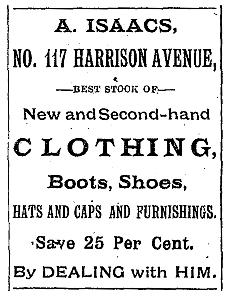 Advertisement for A. Isaacs in the Leadville Evening Chronicle. Wednesday, April 25, 1888. Page 2.