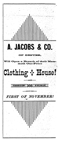Advertisement for A. Jacobs & Co. in the Leadville Daily Herald, October 31, 1883. Page 4.