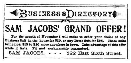 1896 advertisement for Sam Jacob’s clothing operation.