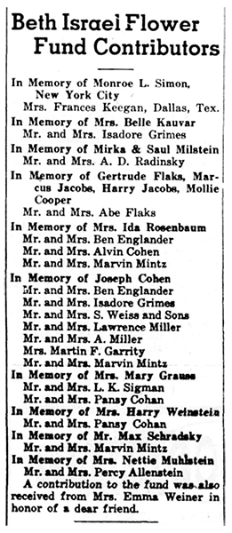 A tribute to their recently passed family members from Dora and Abe Flaks was documented in the November 10, 1933, edition of the Intermountain Jewish News. 