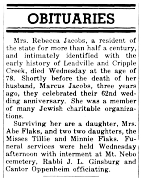 Obituary for Rebecca Jacobs in the Intermountain Jewish News, May 1, 1936.
