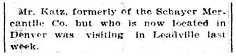 Snippet article stating that Katz was in town after having moved to Denver.