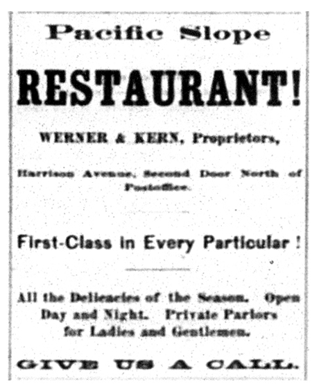 An advertisement in 1880 for the Pacific Slope restaurant of which Henry Kern was a proprietor. 