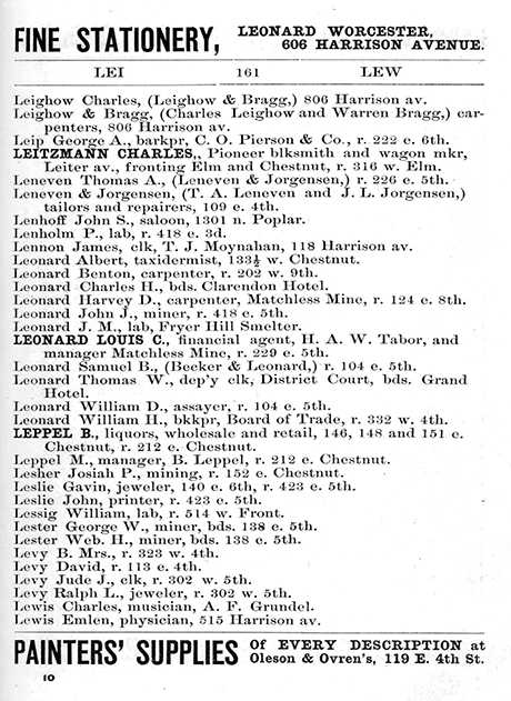 Page 161 of the 1884 Leadville City Directory showing the Levy surnames.