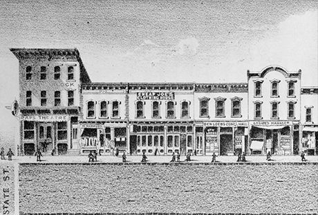 Drawing of Harrison Avenue storefronts as printed in The Herald Democrat, January 1, 1887.