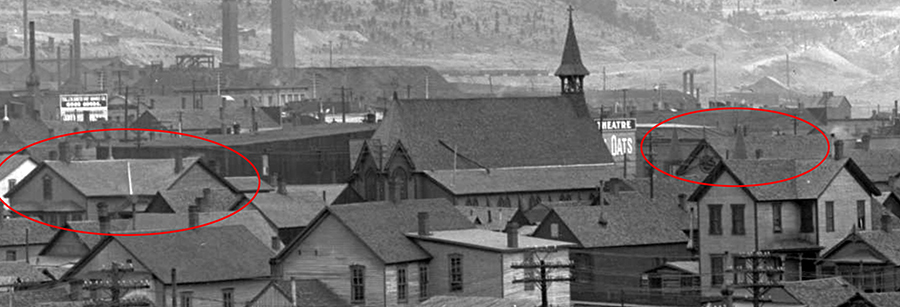 May’s neighborhood in the 1890s after the family departed. The circle on the left was May’s house, while the circle on the right shows the long finished Temple Israel building.