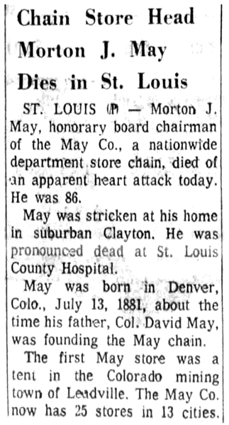 Short article in the Sioux City Journal reporting that Morton J. May had died.