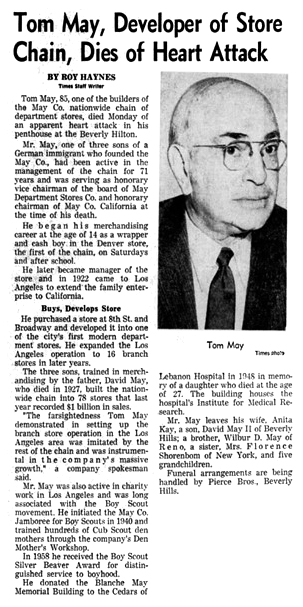 Short article in the Los Angeles Times reporting that Stanley C. “Tom” May had died.