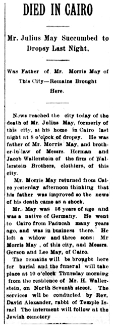 Article in The Paducah Times reporting that Julius May had died in Cairo, Illinois.