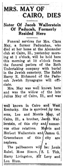 Article in The News Democrat reporting that Clara (Wallerstein) May had died in Cairo, Illinois.
