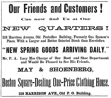 This large advertisement in the middle of the front page of the Leadville Democrat shows that the May & Shoenberg store is at their “new quarters” at 318 Harrison Avenue, which was the old post office building.