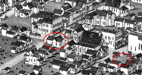 This isometric illustration shows May’s neighborhood west of Harrison Avenue in 1883.