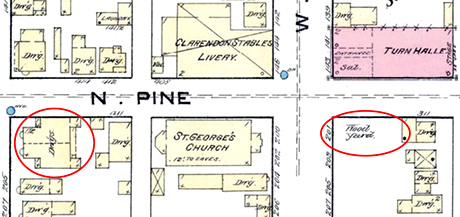 On this Sanborn Fire Insurance map of the same general location as the previous image, May’s house is circled while across the street from St. George Episcopal Church is an empty lot where Temple Israel would be built later in 1884, shown as “Wood Yard” on the 1883 Sanborn Insurance map.