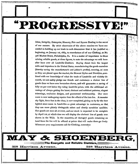 Advertisement for May & Shoenberg, “The energetic and reliable clothiers”.
