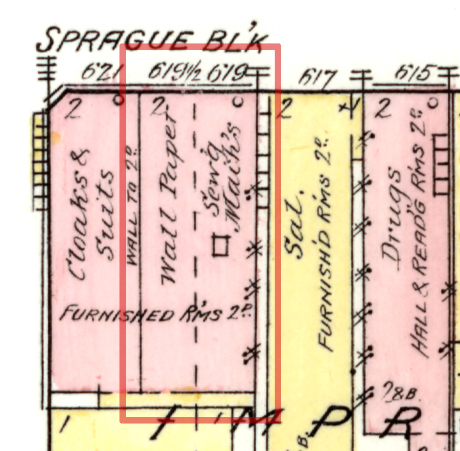 The Sprague Block was the location of the Singer Sewing Machine company in 1888.