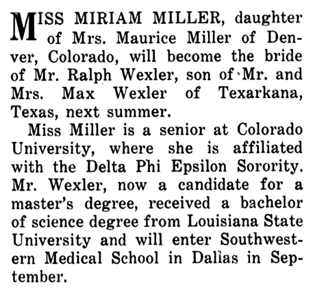 Snippet article noting the marriage of Miriam Miller to Ralph Wexler.