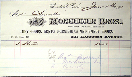 Invoice for Monheimer Brothers, dated January 1, 1881. 