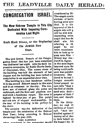 “Congregation Israel” Leadville, CO; USA. Leadville Daily Herald, September 20, 1884. p 4.