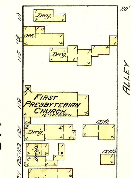 Sanborn Fire Insurance Map of Leadville published in 1883 showing 119 W 5th Street, noted as “First Presbyterian Church”. This structure is on a double lot.