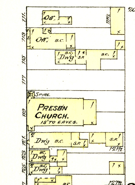 Sanborn Fire Insurance Map of Leadville published in 1886 showing 119 W 5th Street, noted as “Presb’n Church”.