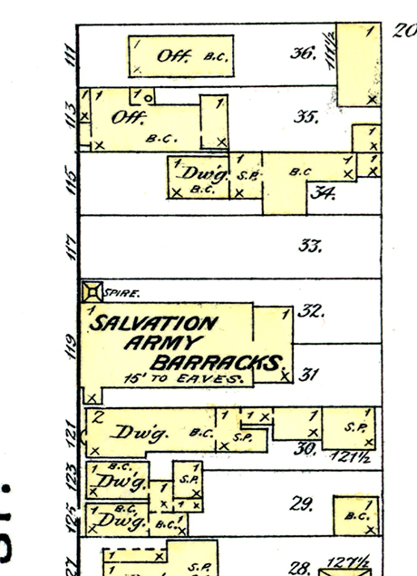Sanborn Fire Insurance Map of Leadville published in 1889 showing 119 W 5th Street, noted as “Salvation Army Barracks”. 