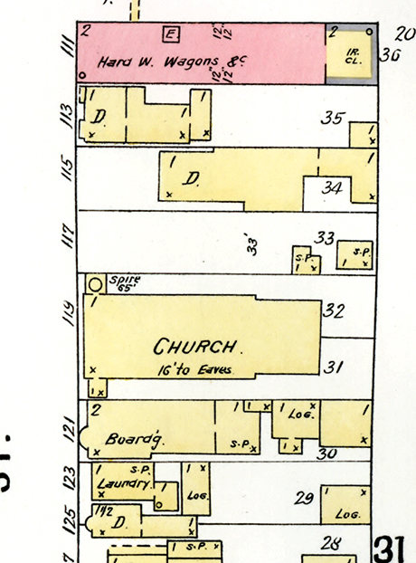 Sanborn Fire Insurance Map of Leadville published in 1895 showing 119 W 5th Street, noted as a “Church”. However, by this point, Kneseth Israel purchased the building for use as an orthodox synagogue. 