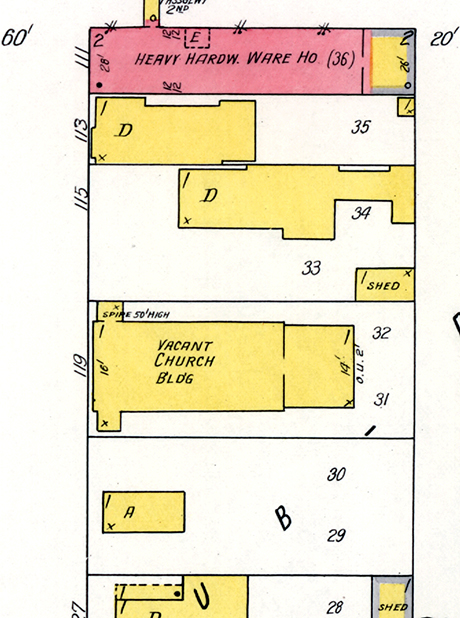 Sanborn Fire Insurance Map of Leadville published in 1937 showing 119 W 5th Street, noted as “Vacant Church B’ldg”. By this point, both synagogue buildings were no longer in use.