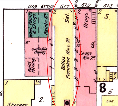 Elias’s storefront from 1915 until 1919 and as shown on an 1895 Sanborn fire insurance map.