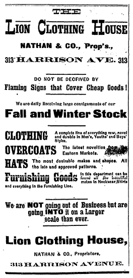 An advert for the Lion Clothing House appeared on the front page of the Leadville Daily Herald on Thursday, September 11, 1884.