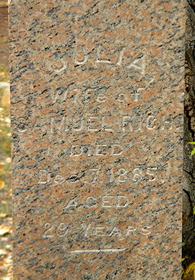 Closer view of the inscription on the tombstone monument for Julia Rich.